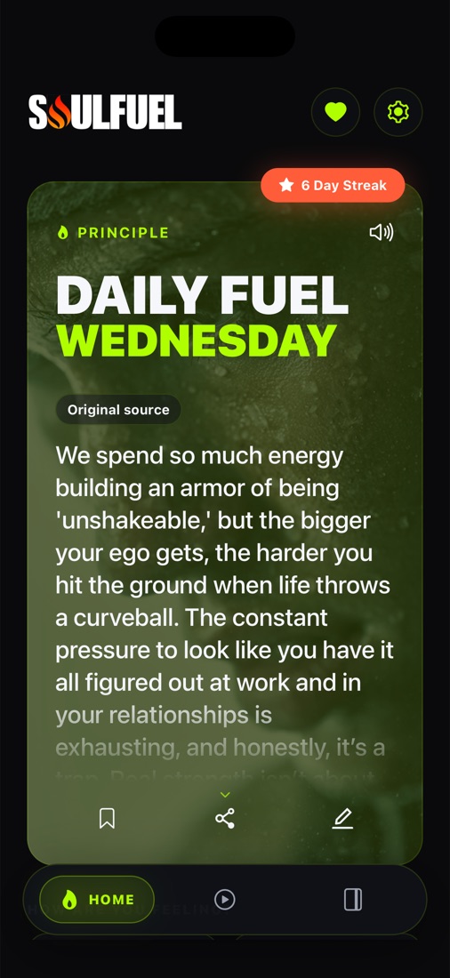 SoulFuel home screen showing the Daily Fuel drop with a streak badge