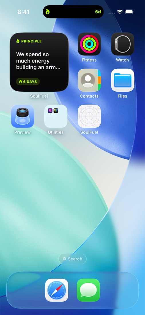 Home-screen widget showing the day's hook and streak