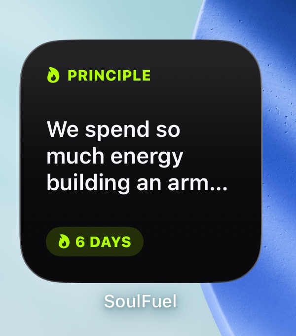 SoulFuel home-screen widget naming today's principle with a 6-day streak chip